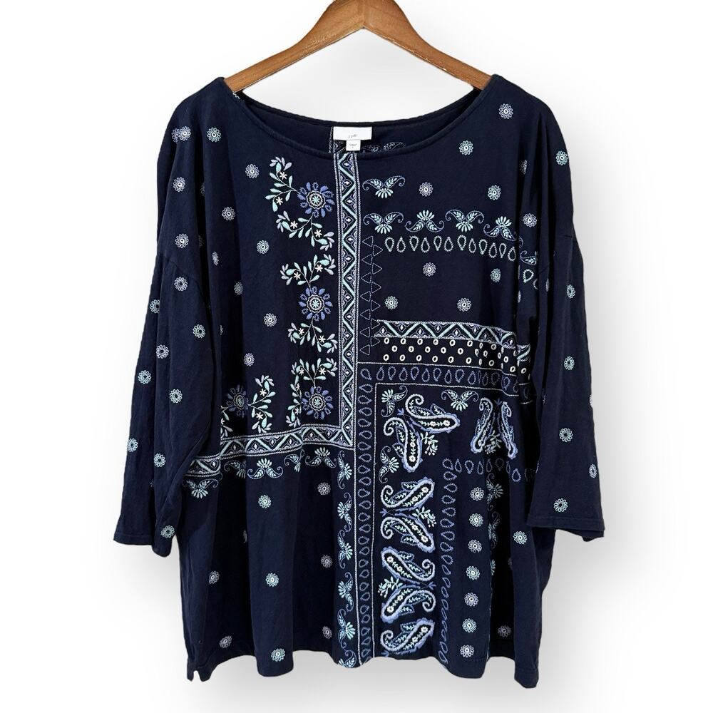 J. Jill Floral Paisley Embroidered Patchwork Top Womens L Navy Blue Bandana Boho